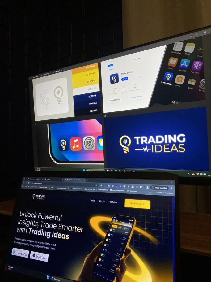 Trading Ideas app screens on the monitor