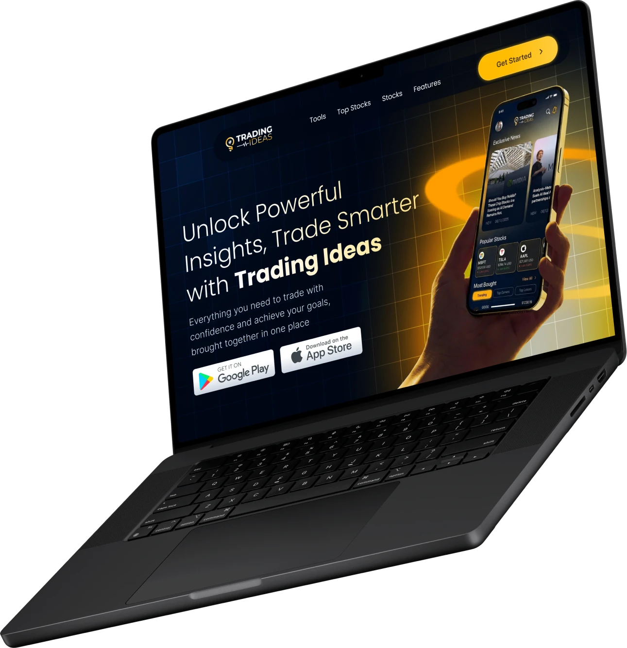 The Trading Ideas landing page on a laptop